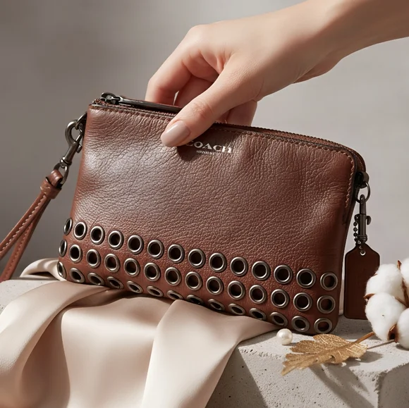 Coach Brown Leather Wristlet with Grommet Accents | Modern Classic Chic Style - Picture 4 of 13